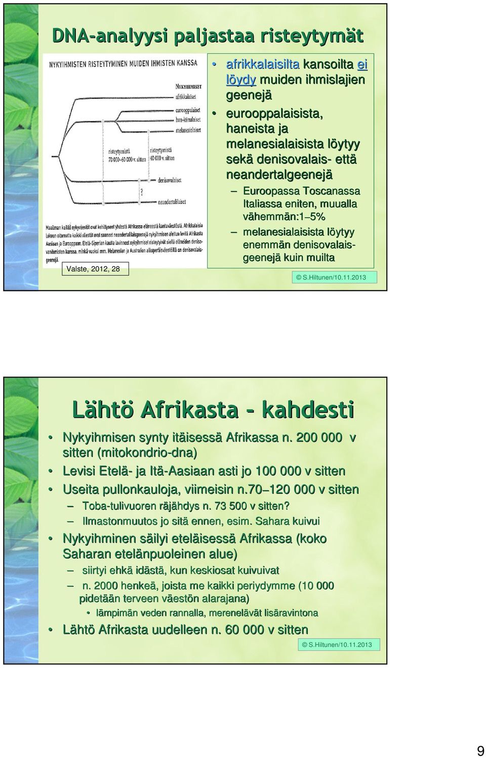 itäisess isessä Afrikassa n. 200 000 v sitten (mitokondrio-dna) dna) Levisi Etelä- ja Itä-Aasiaan asti jo 100 000 v sitten Useita pullonkauloja, viimeisin n.