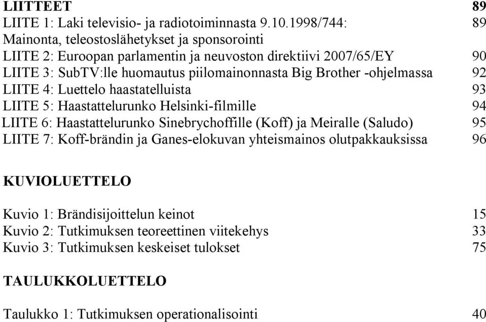 Big Brother -ohjelmassa 92 LIITE 4: Luettelo haastatelluista 93 LIITE 5: Haastattelurunko Helsinki-filmille 94 LIITE 6: Haastattelurunko Sinebrychoffille (Koff) ja Meiralle