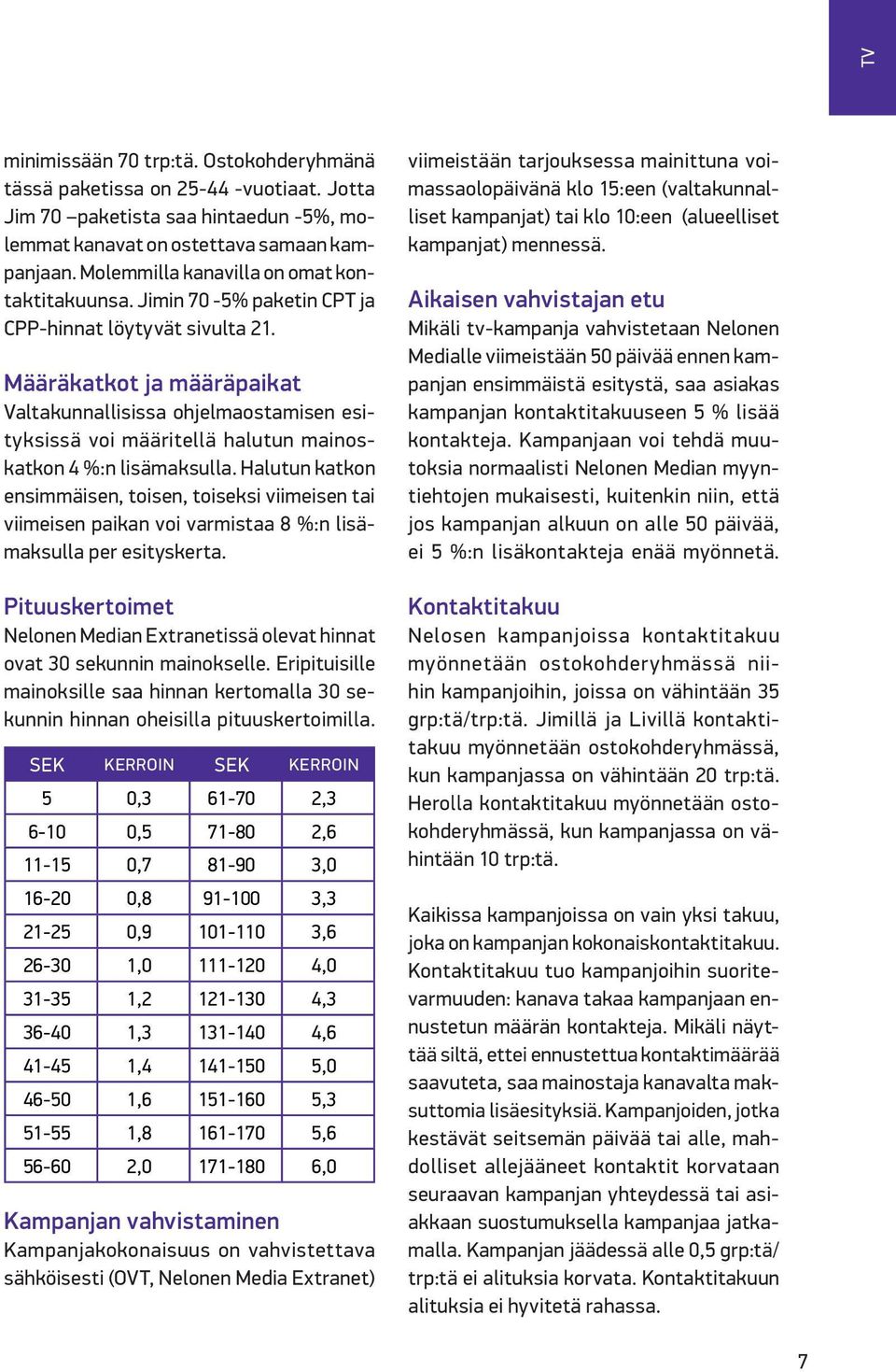 Määräkatkot ja määräpaikat Valtakunnallisissa ohjelmaostamisen esityksissä voi määritellä halutun mainoskatkon 4 %:n lisämaksulla.