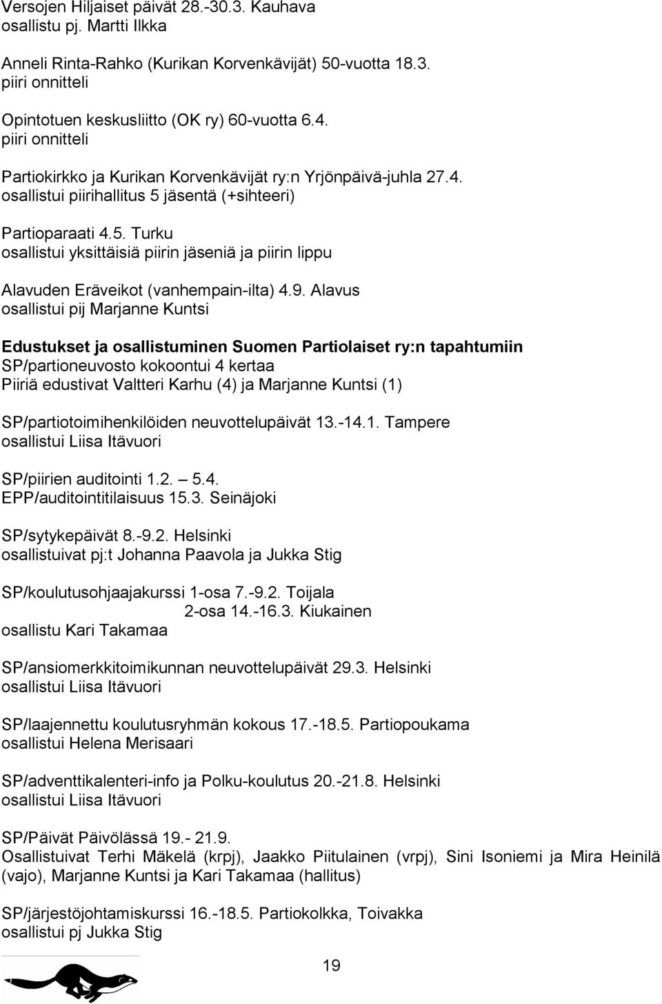 jäsentä (+sihteeri) Partioparaati 4.5. Turku osallistui yksittäisiä piirin jäseniä ja piirin lippu Alavuden Eräveikot (vanhempain-ilta) 4.9.