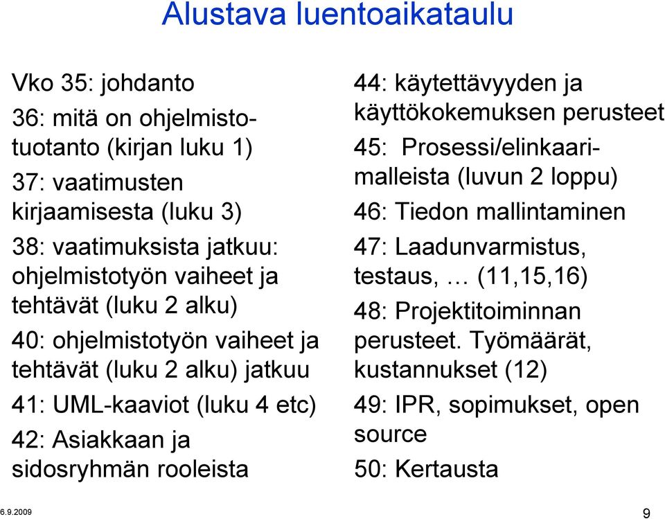 Asiakkaan ja sidosryhmän rooleista 44: käytettävyyden ja käyttökokemuksen perusteet 45: Prosessi/elinkaarimalleista (luvun 2 loppu) 46: Tiedon