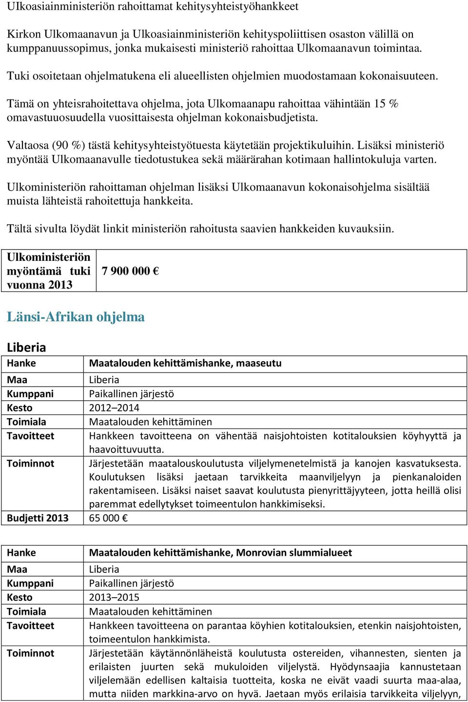 Tämä on yhteisrahoitettava ohjelma, jota Ulkomaanapu rahoittaa vähintään 15 % omavastuuosuudella vuosittaisesta ohjelman kokonaisbudjetista.