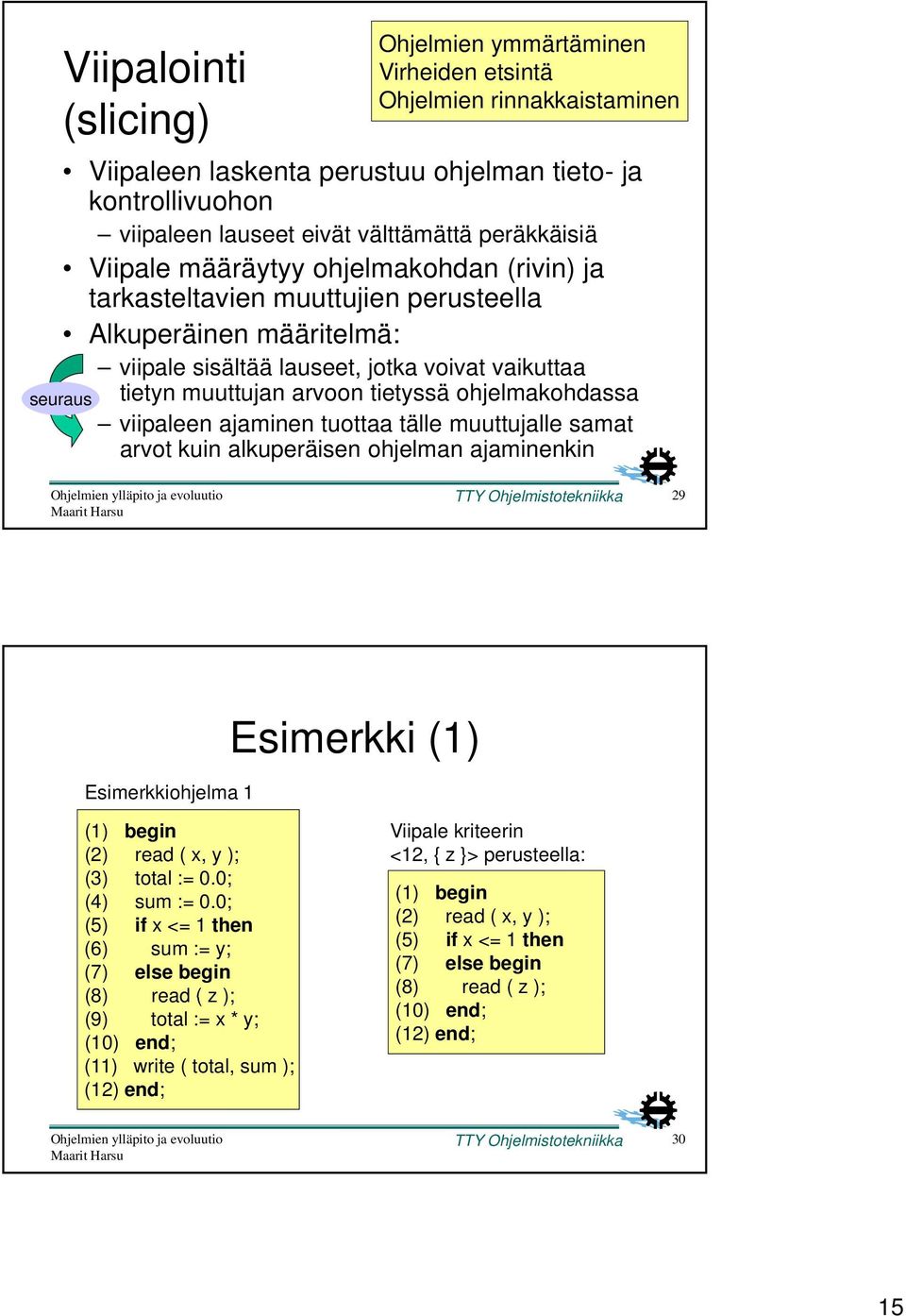 tietyssä ohjelmakohdassa viipaleen ajaminen tuottaa tälle muuttujalle samat arvot kuin alkuperäisen ohjelman ajaminenkin TTY Ohjelmistotekniikka 29 Esimerkkiohjelma 1 Esimerkki (1) (1) begin (2) read