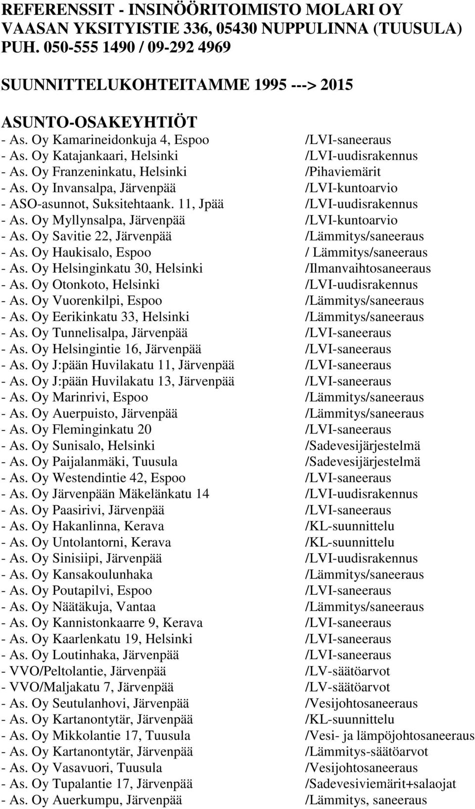 Oy Invansalpa, Järvenpää /LVI-kuntoarvio - ASO-asunnot, Suksitehtaank. 11, Jpää /LVI-uudisrakennus - As. Oy Myllynsalpa, Järvenpää /LVI-kuntoarvio - As.