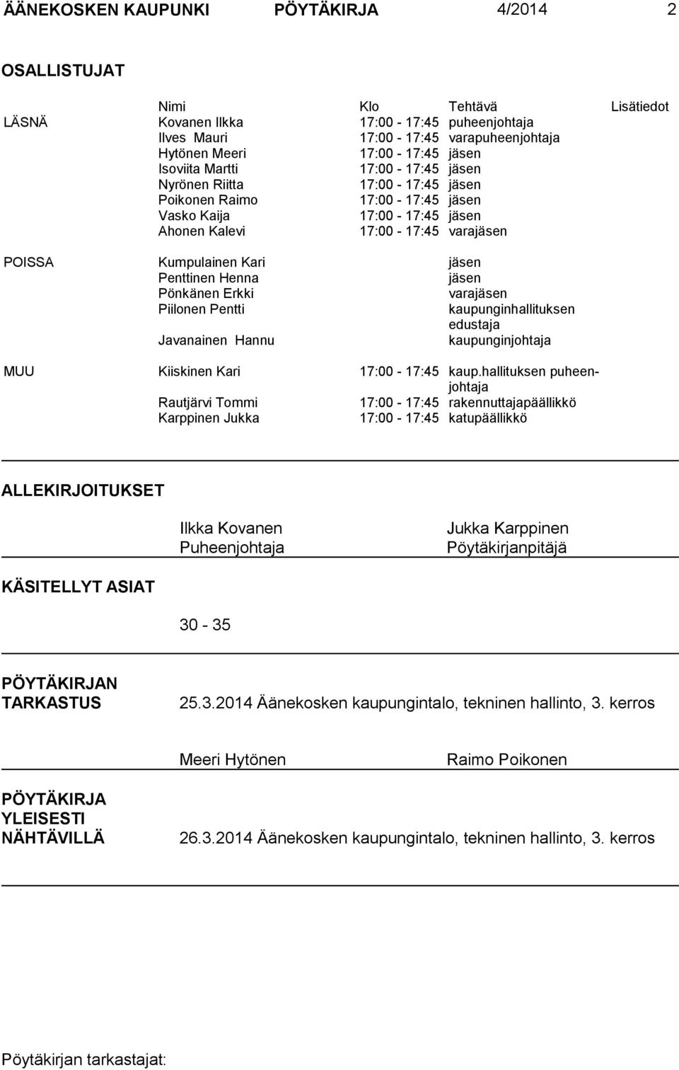 jäsen Penttinen Henna jäsen Pönkänen Erkki varajäsen Piilonen Pentti kaupunginhallituksen edustaja Javanainen Hannu kaupunginjohtaja MUU Kiiskinen Kari 17:00-17:45 kaup.