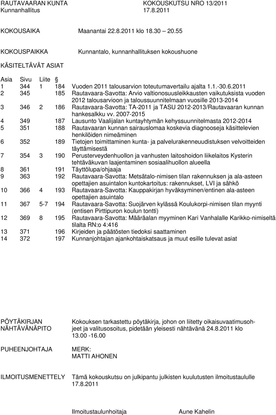 2011 2 345 185 Rautavaara-Savotta: Arvio valtionosuusleikkausten vaikutuksista vuoden 2012 talousarvioon ja taloussuunnitelmaan vuosille 2013-2014 3 346 2 186 Rautavaara-Savotta: TA-2011 ja TASU
