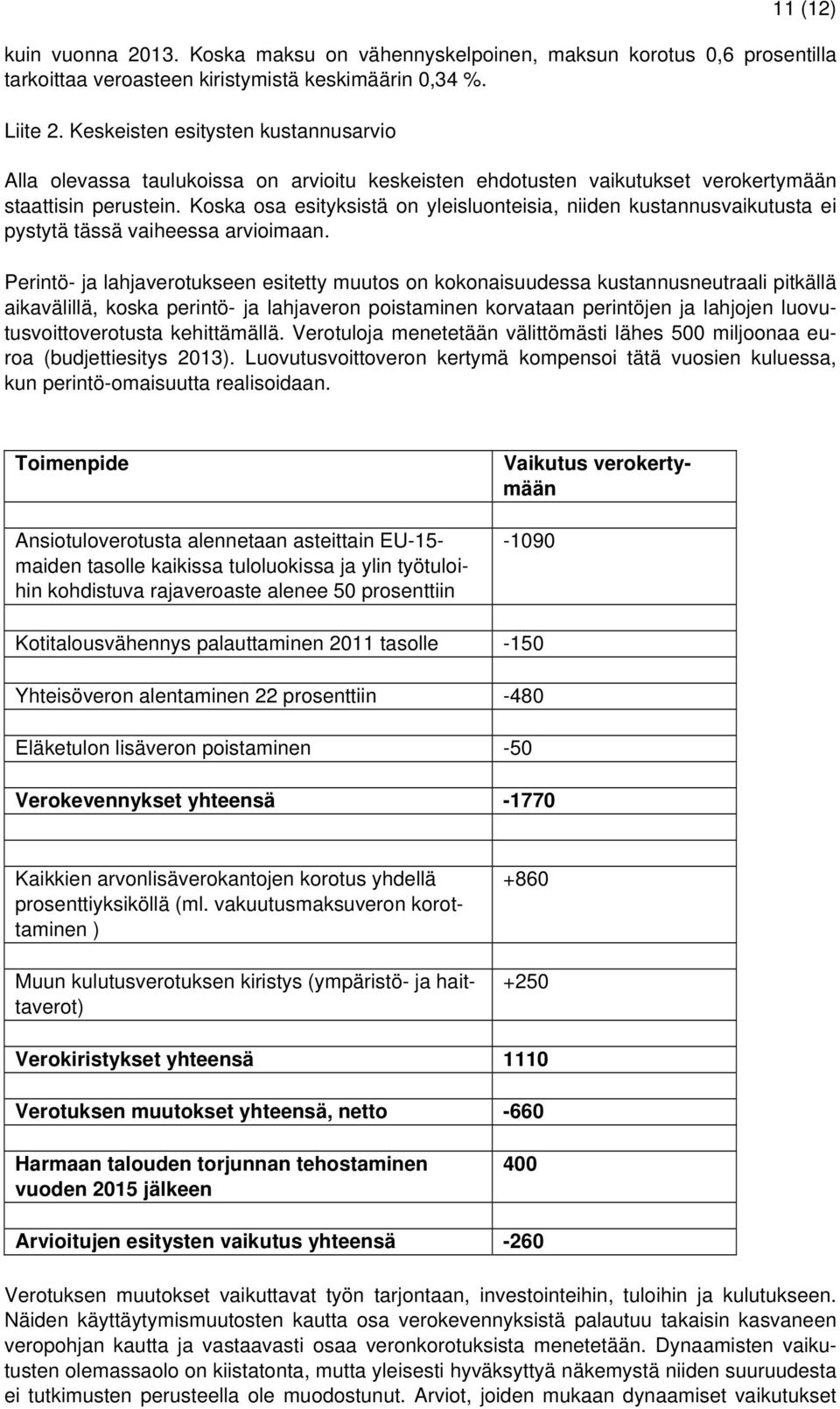 Koska osa esityksistä on yleisluonteisia, niiden kustannusvaikutusta ei pystytä tässä vaiheessa arvioimaan.