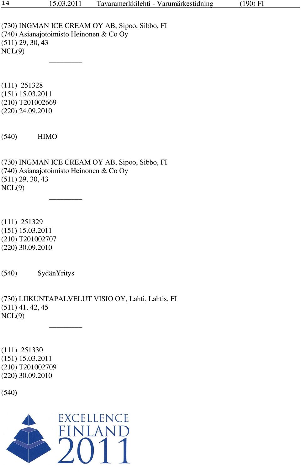 Heinonen & Co Oy (511) 29, 30, 43 (111) 251328 (210) T201002669 (220) 24.09.