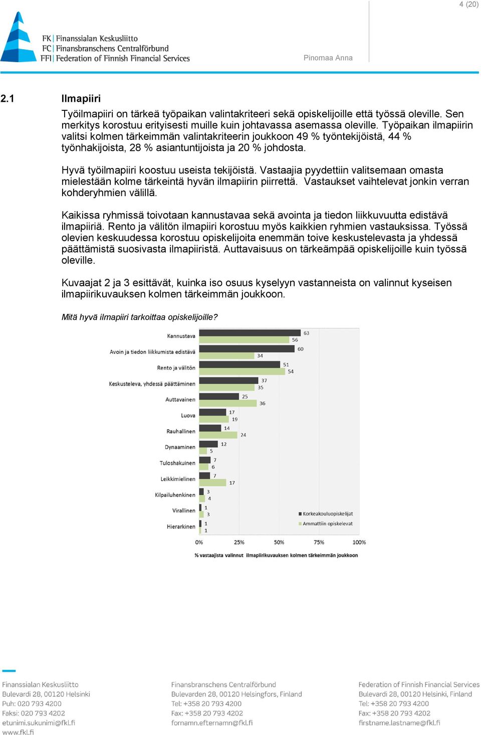 Vastaajia pyydettiin valitsemaan omasta mielestään kolme tärkeintä hyvän ilmapiirin piirrettä. Vastaukset vaihtelevat jonkin verran kohderyhmien välillä.