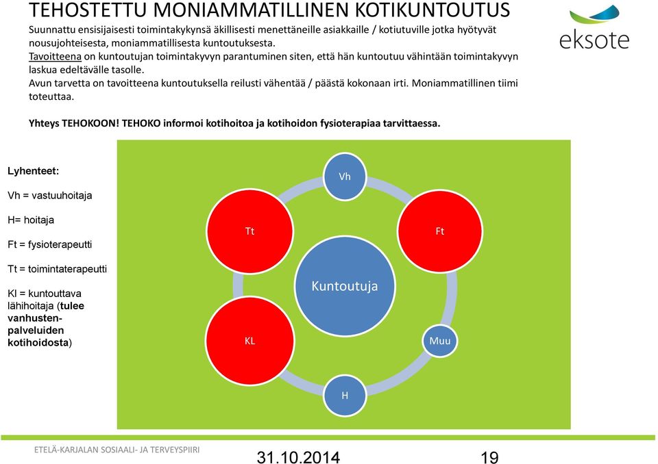 Avun tarvetta on tavoitteena kuntoutuksella reilusti vähentää / päästä kokonaan irti. Moniammatillinen tiimi toteuttaa. Yhteys TEHOKOON!