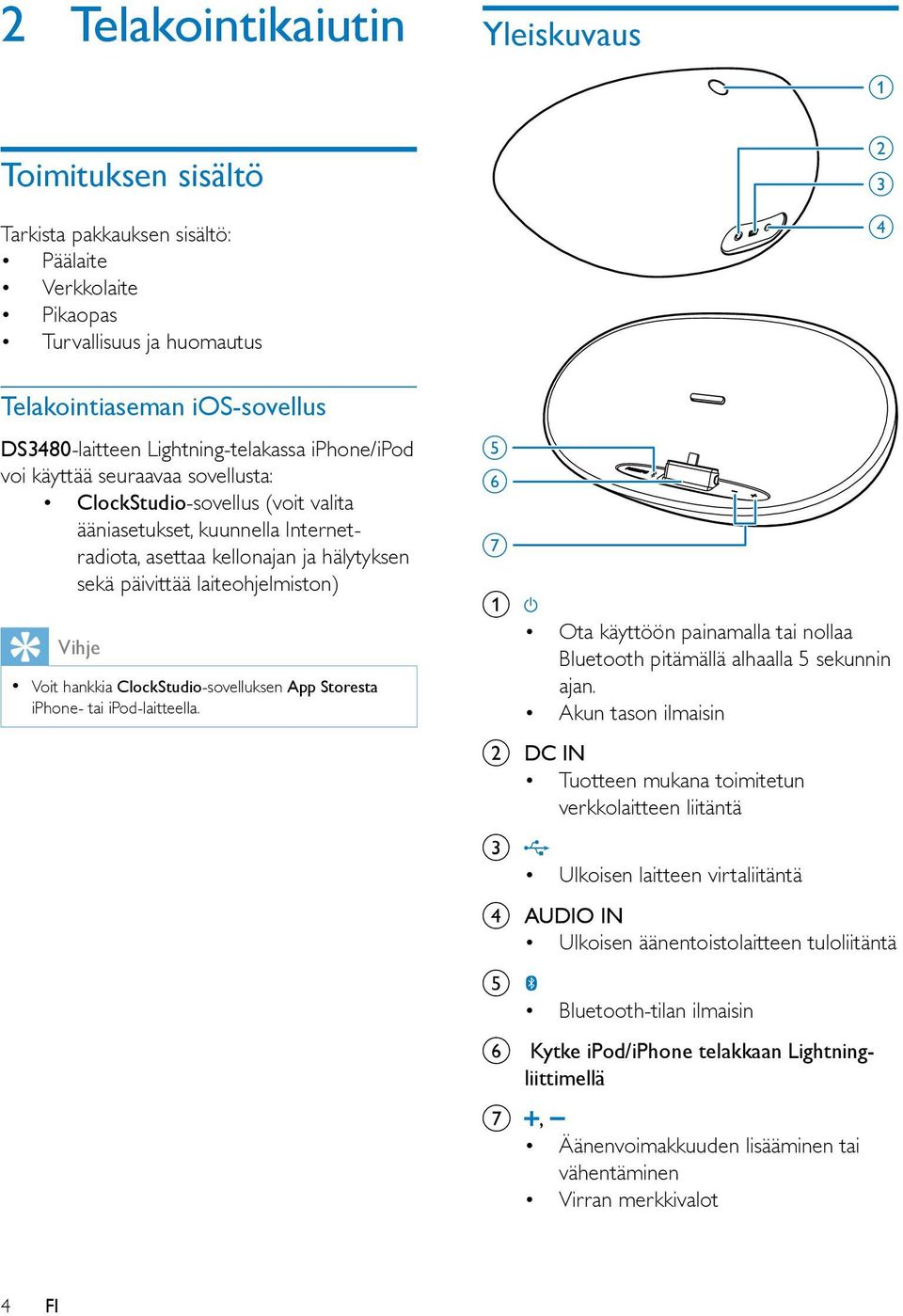 laiteohjelmiston) Vihje Voit hankkia ClockStudio-sovelluksen App Storesta iphone- tai ipod-laitteella. e f g a Ota käyttöön painamalla tai nollaa Bluetooth pitämällä alhaalla 5 sekunnin ajan.