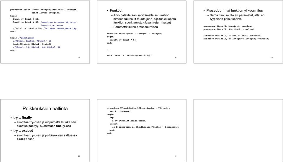 Funktiot Arvo palautetaan sijoittamalla se funktion nimeen tai result-muuttujaan, sijoitus ei lopeta funktion suorittamista (Javan return-kutsu) Parametrit kuten proseduureissa function testi2(luku1: