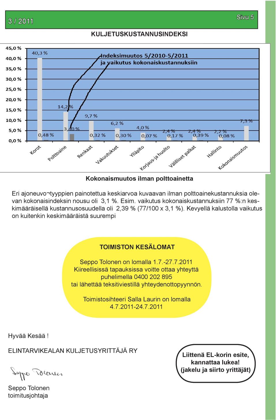 Kevyellä kalustolla vaikutus on kuitenkin keskimääräistä suurempi TOIMISTON KESÄLOMAT Seppo Tolonen on lomalla 1.7.