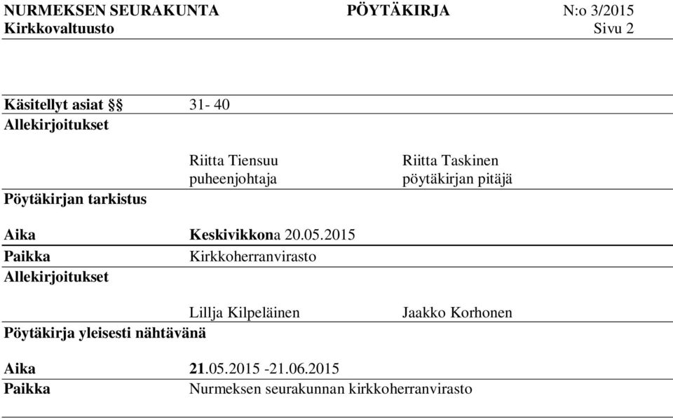 2015 Paikka Kirkkoherranvirasto Allekirjoitukset Lillja Kilpeläinen Pöytäkirja yleisesti