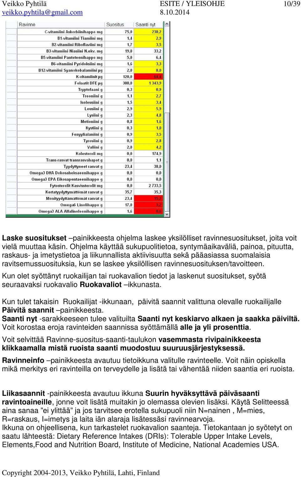 yksilöllisen ravinnesuosituksen/tavoitteen. Kun olet syöttänyt ruokailijan tai ruokavalion tiedot ja laskenut suositukset, syötä seuraavaksi ruokavalio Ruokavaliot ikkunasta.