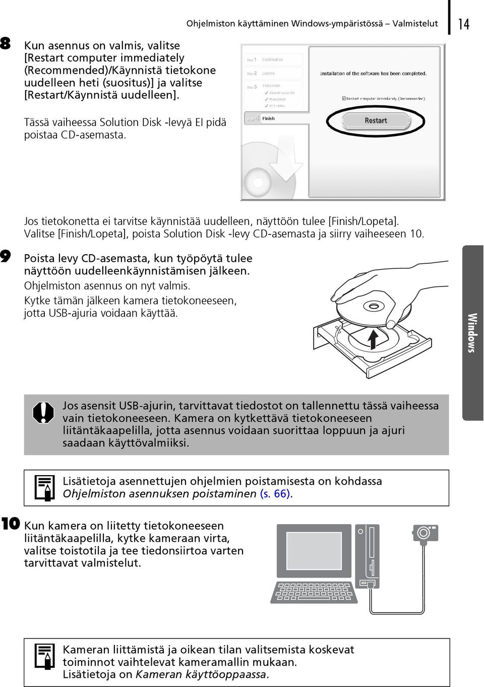 Ohjelmiston käyttäminen Windows-ympäristössä Valmistelut 14 Jos tietokonetta ei tarvitse käynnistää uudelleen, näyttöön tulee [Finish/Lopeta].