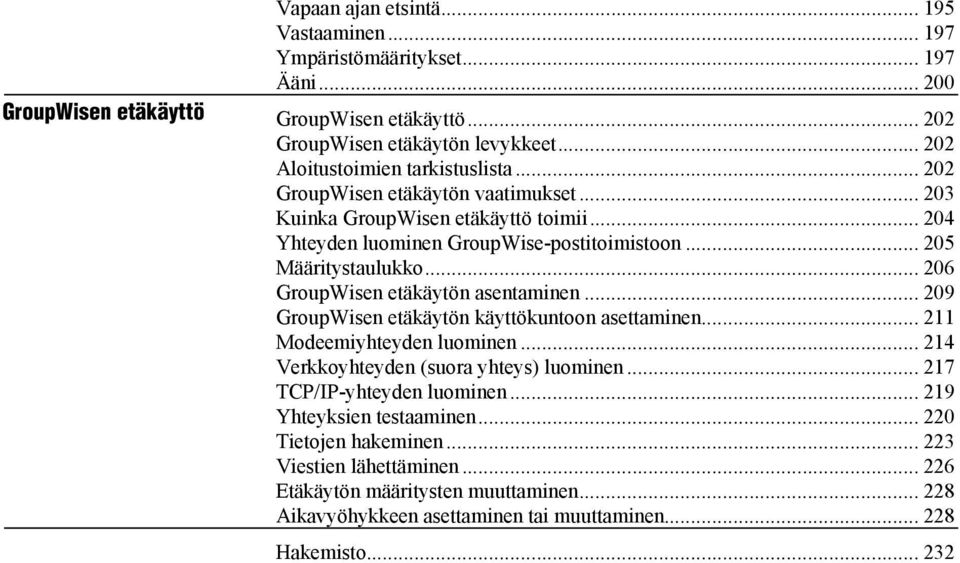 .. 206 GroupWisen etäkäytön asentaminen... 209 GroupWisen etäkäytön käyttökuntoon asettaminen... 211 Modeemiyhteyden luominen... 214 Verkkoyhteyden (suora yhteys) luominen.