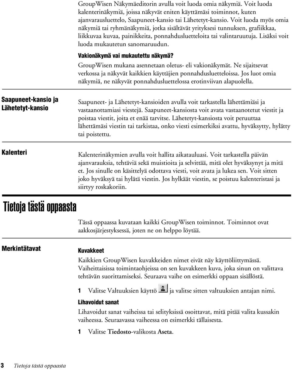 Lisäksi voit luoda mukautetun sanomaruudun. Vakionäkymä vai mukautettu näkymä? GroupWisen mukana asennetaan oletus eli vakionäkymät.