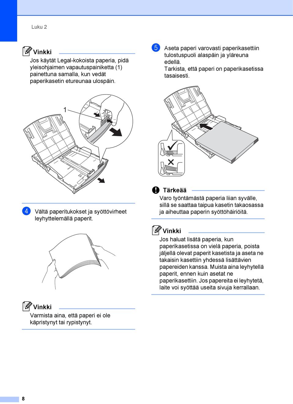 1 d Vältä paperitukokset ja syöttövirheet leyhyttelemällä paperit. Tärkeää Varo työntämästä paperia liian syvälle, sillä se saattaa taipua kasetin takaosassa ja aiheuttaa paperin syöttöhäiriöitä.