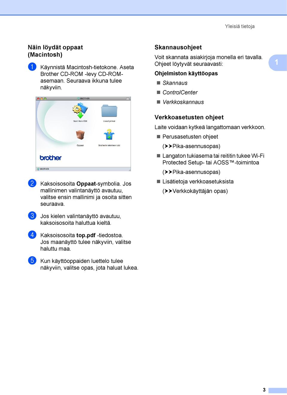 Jos mallinimen valintanäyttö avautuu, valitse ensin mallinimi ja osoita sitten seuraava. c Jos kielen valintanäyttö avautuu, kaksoisosoita haluttua kieltä. d Kaksoisosoita top.pdf -tiedostoa.