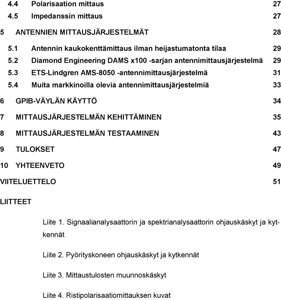 4 Muita markkinoilla olevia antennimittausjärjestelmiä 33 6 GPIB-VÄYLÄN KÄYTTÖ 34 7 MITTAUSJÄRJESTELMÄN KEHITTÄMINEN 35 8 MITTAUSJÄRJESTELMÄN TESTAAMINEN 43 9 TULOKSET 47 10