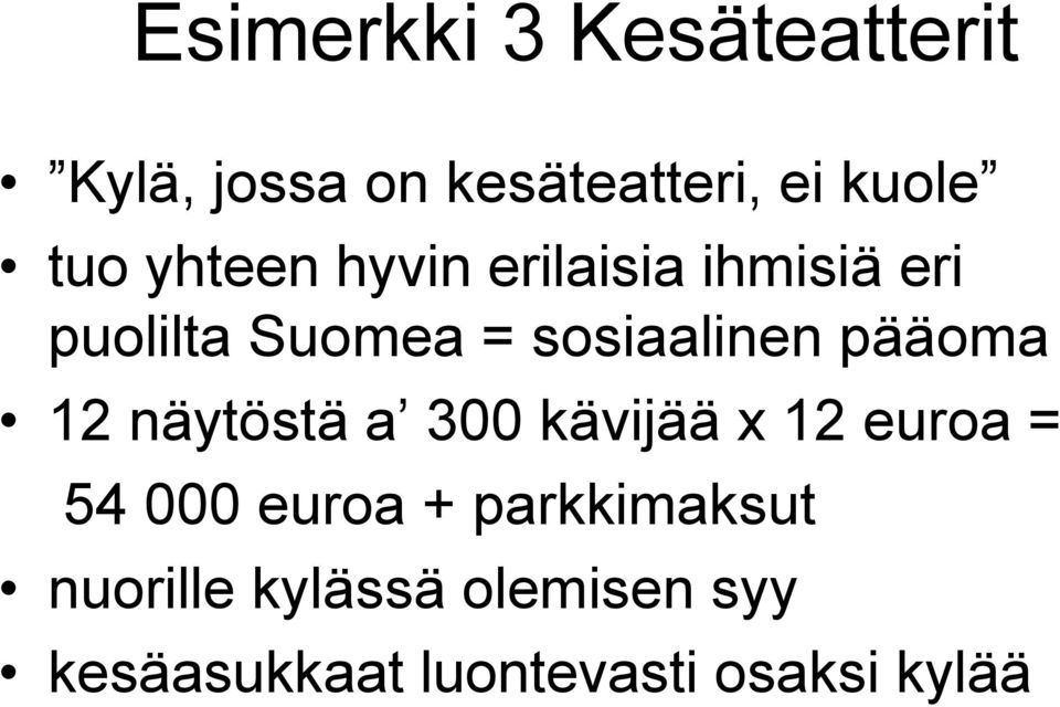 pääoma 12 näytöstä a 300 kävijää x 12 euroa = 54 000 euroa +