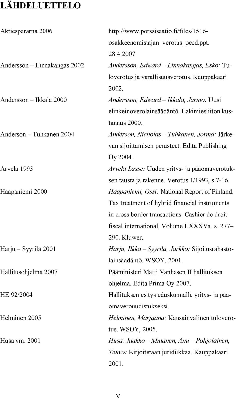 Andersson, Edward Ikkala, Jarmo: Uusi elinkeinoverolainsäädäntö. Lakimiesliiton kustannus 2000. Anderson, Nicholas Tuhkanen, Jorma: Järkevän sijoittamisen perusteet. Edita Publishing Oy 2004.