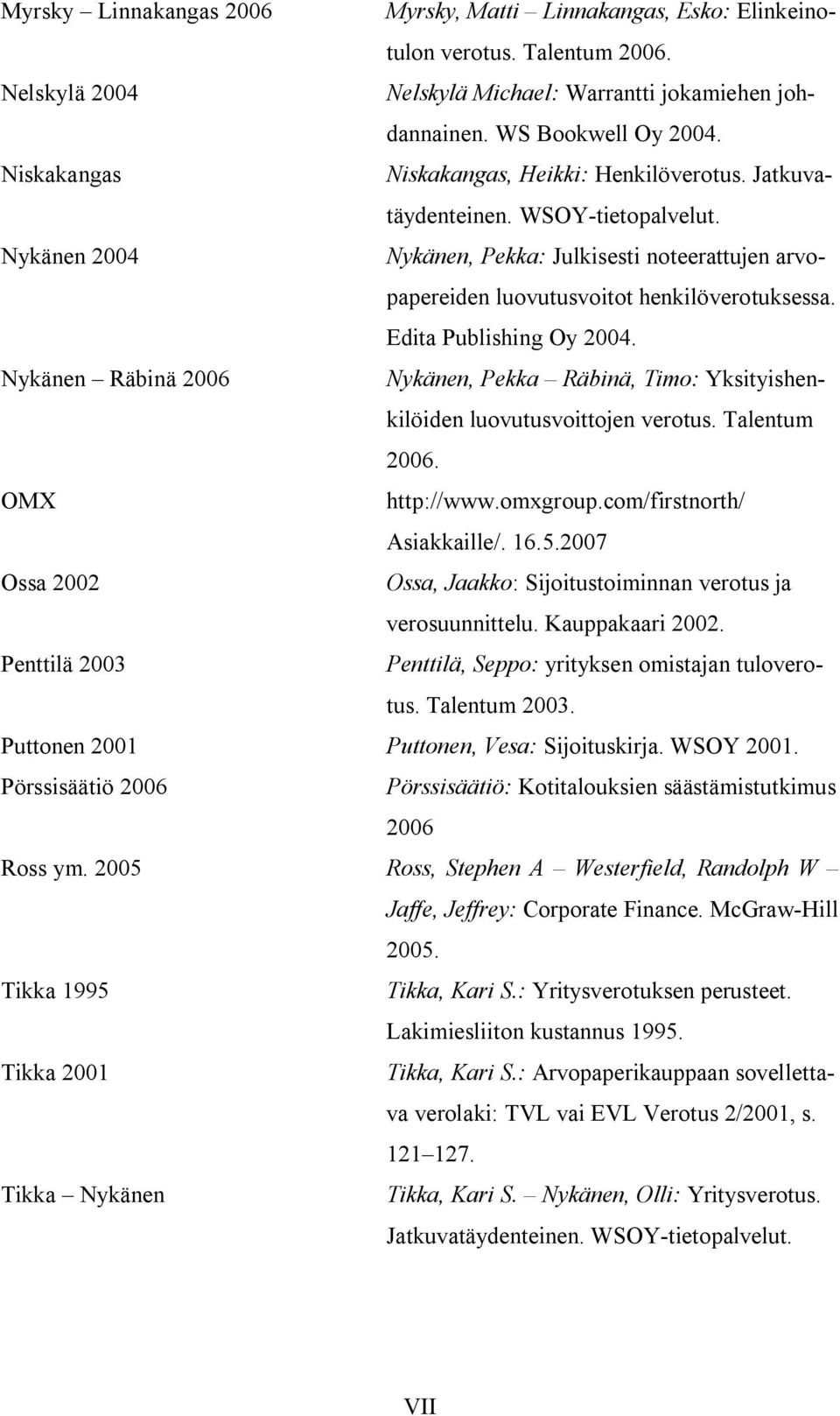 Edita Publishing Oy 2004. Nykänen Räbinä 2006 Nykänen, Pekka Räbinä, Timo: Yksityishenkilöiden luovutusvoittojen verotus. Talentum 2006. OMX http://www.omxgroup.com/firstnorth/ Asiakkaille/. 16.5.