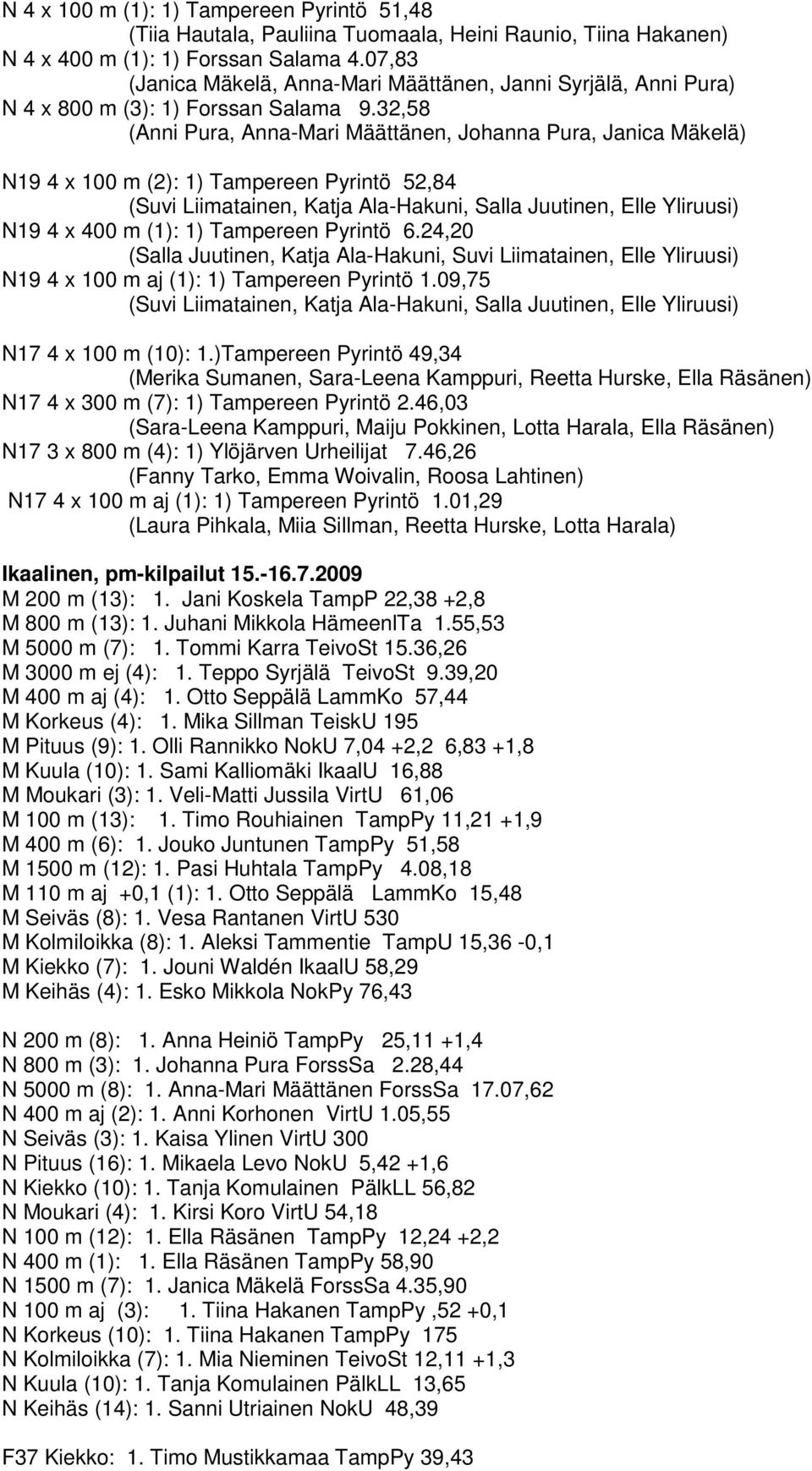 32,58 (Anni Pura, Anna-Mari Määttänen, Johanna Pura, Janica Mäkelä) N19 4 x 100 m (2): 1) Tampereen Pyrintö 52,84 (Suvi Liimatainen, Katja Ala-Hakuni, Salla Juutinen, Elle Yliruusi) N19 4 x 400 m