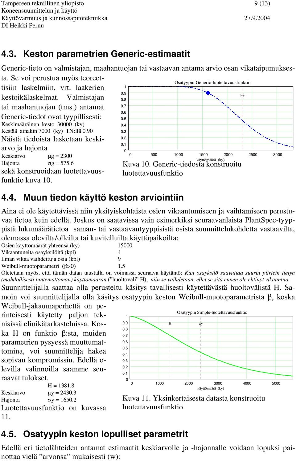 6 Generic-tiedot ovat tyypillisesti:.5 Keskimääräinen kesto 3 (ky).4 Kestää ainakin 7 (ky) TN:llä.9.3.2 Näistä tiedoista lasketaan keskiarvo ja hajonta. Keskiarvo µg = 23 5 5 2 25 3 Hajonta σg = 575.