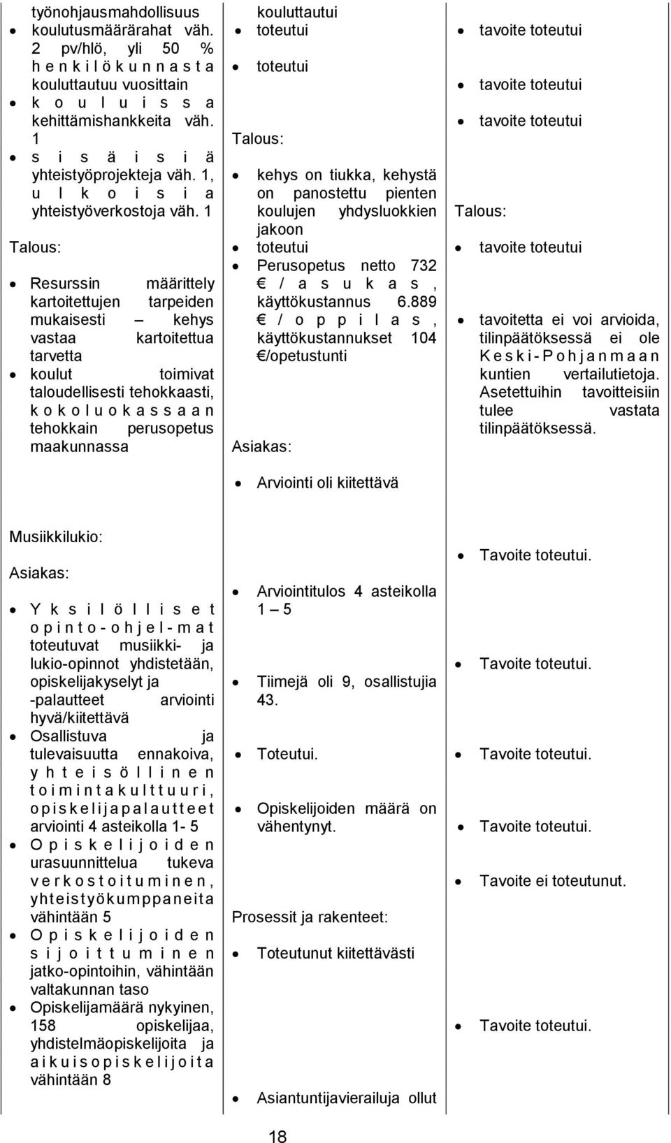 1 Talous: Resurssin määrittely kartoitettujen tarpeiden mukaisesti kehys vastaa kartoitettua tarvetta koulut toimivat taloudellisesti tehokkaasti, k o k o l u o k a s s a a n tehokkain perusopetus