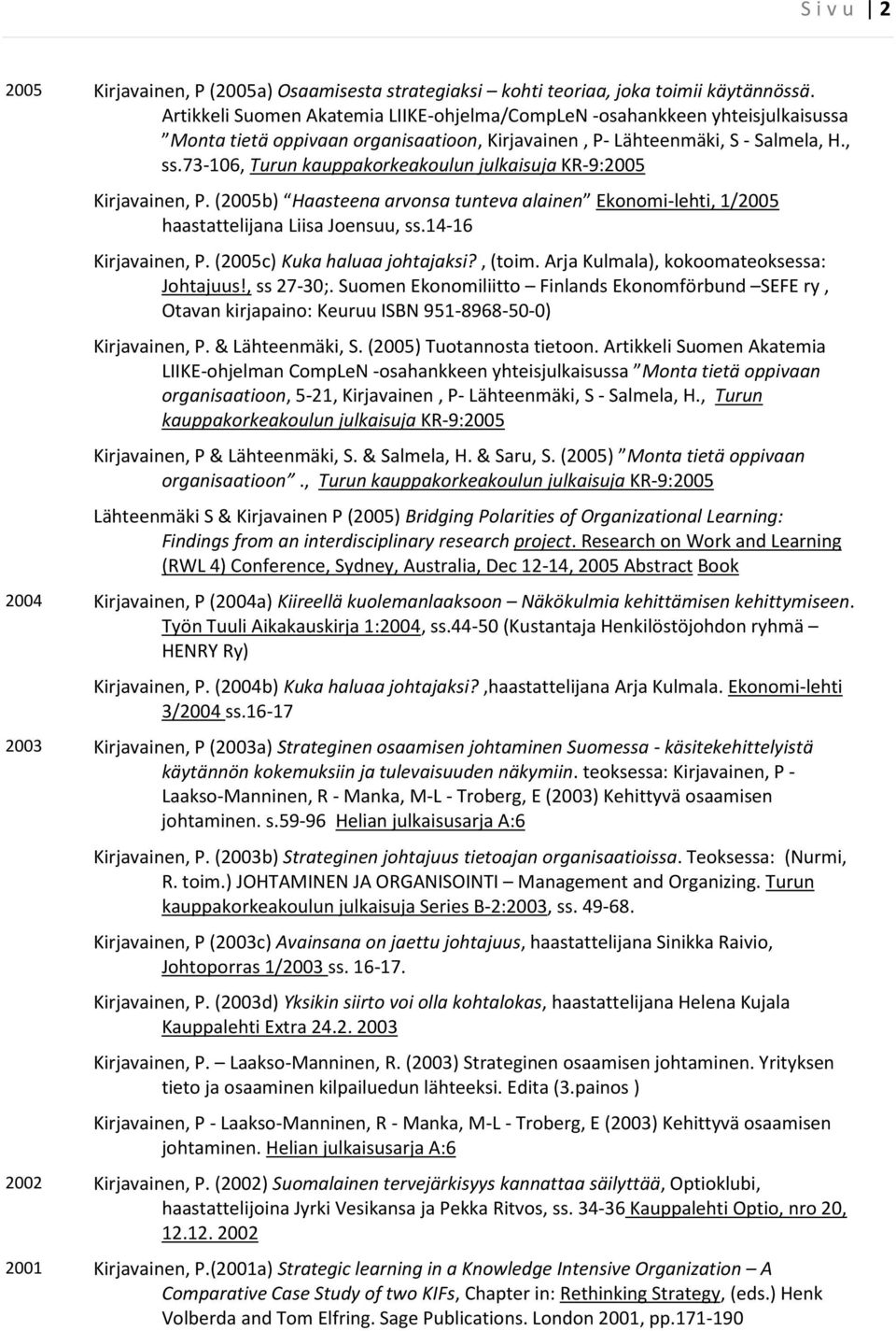73-106, Turun kauppakorkeakoulun julkaisuja KR-9:2005 Kirjavainen, P. (2005b) Haasteena arvonsa tunteva alainen Ekonomi-lehti, 1/2005 haastattelijana Liisa Joensuu, ss.14-16 Kirjavainen, P.