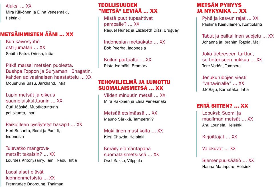 .. XX Outi Jääskö, Muotkatunturin paliskunta, Inari Paikoilleen pysäytetyt basapit... XX Heri Susanto, Romi ja Ponidi, Indonesia Tulevatko mangrovemetsät takaisin?