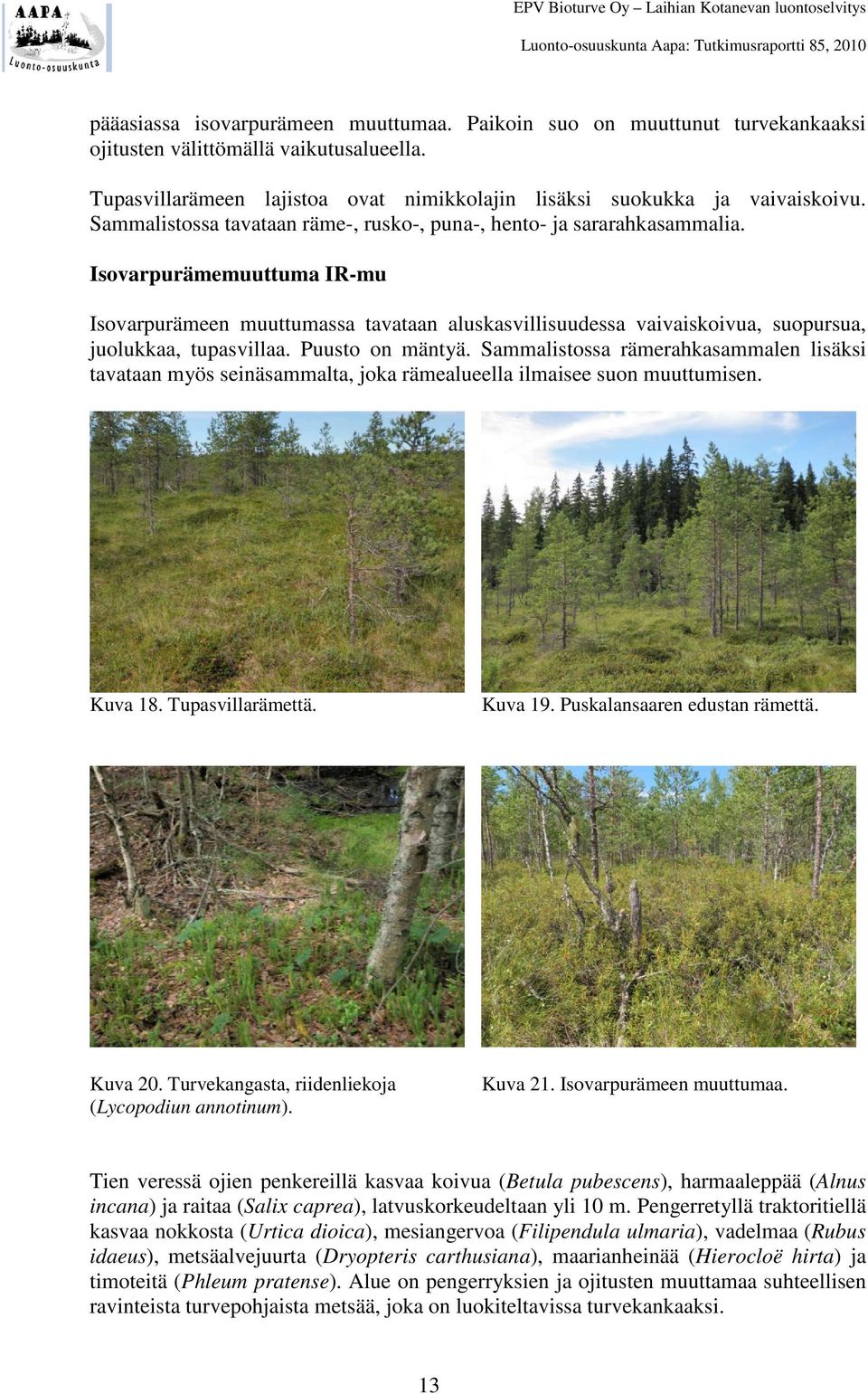 Isovarpurämemuuttuma IR-mu Isovarpurämeen muuttumassa tavataan aluskasvillisuudessa vaivaiskoivua, suopursua, juolukkaa, tupasvillaa. Puusto on mäntyä.