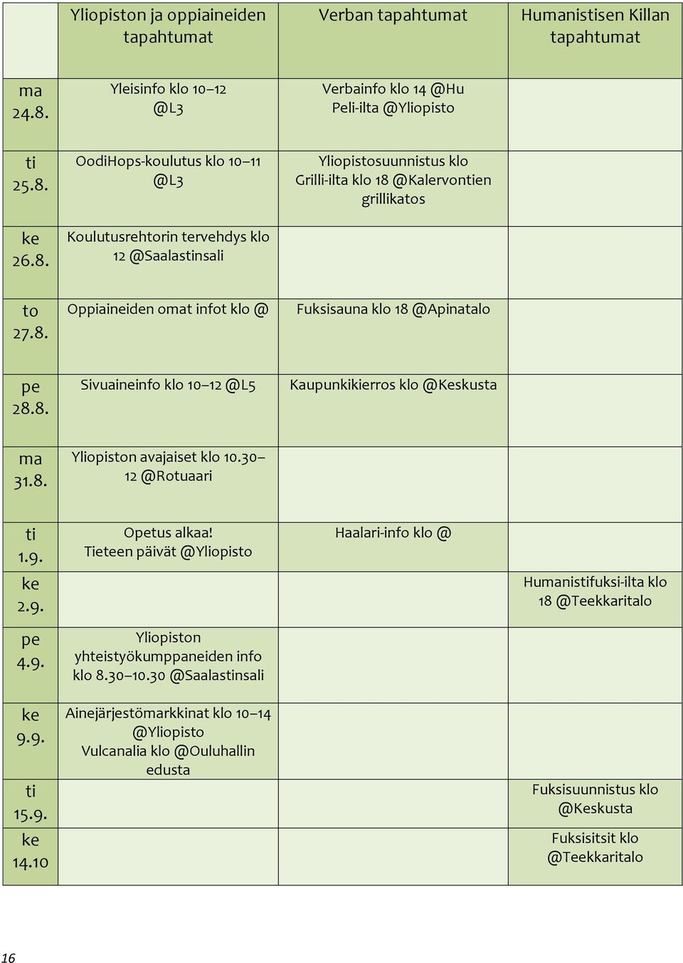 ke 26.8. OodiHops-koulutus klo 10 11 @L3 Koulutusrehtorin tervehdys klo 12 @Saalastinsali Yliopistosuunnistus klo Grilli-ilta klo 18 @Kalervontien grillikatos to 27.8. Oppiaineiden omat infot klo @ Fuksisauna klo 18 @Apinatalo pe 28.