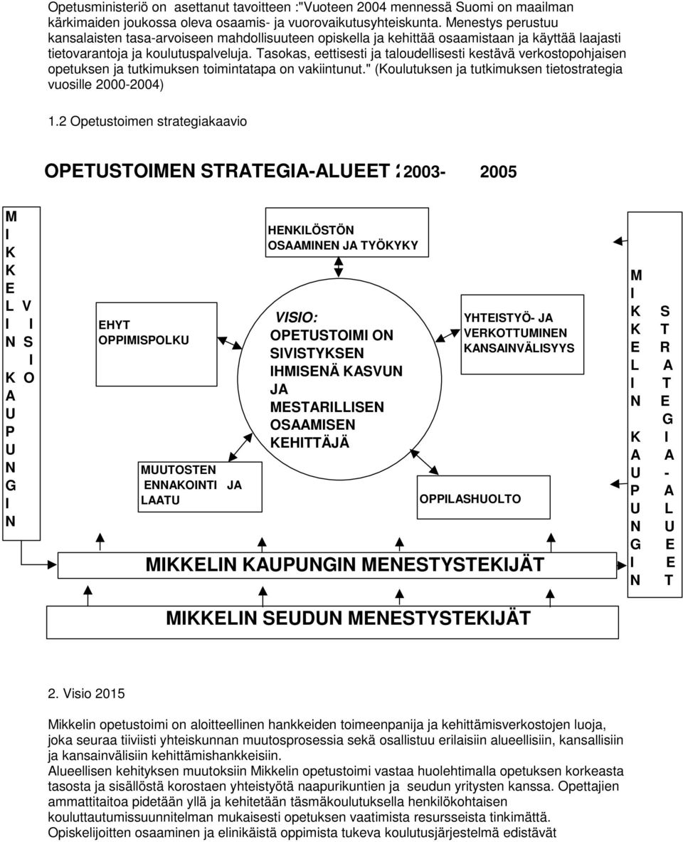 Tasokas, eettisesti ja taloudellisesti kestävä verkostopohjaisen opetuksen ja tutkimuksen toimintatapa on vakiintunut." (Koulutuksen ja tutkimuksen tietostrategia vuosille 2000-2004) 1.