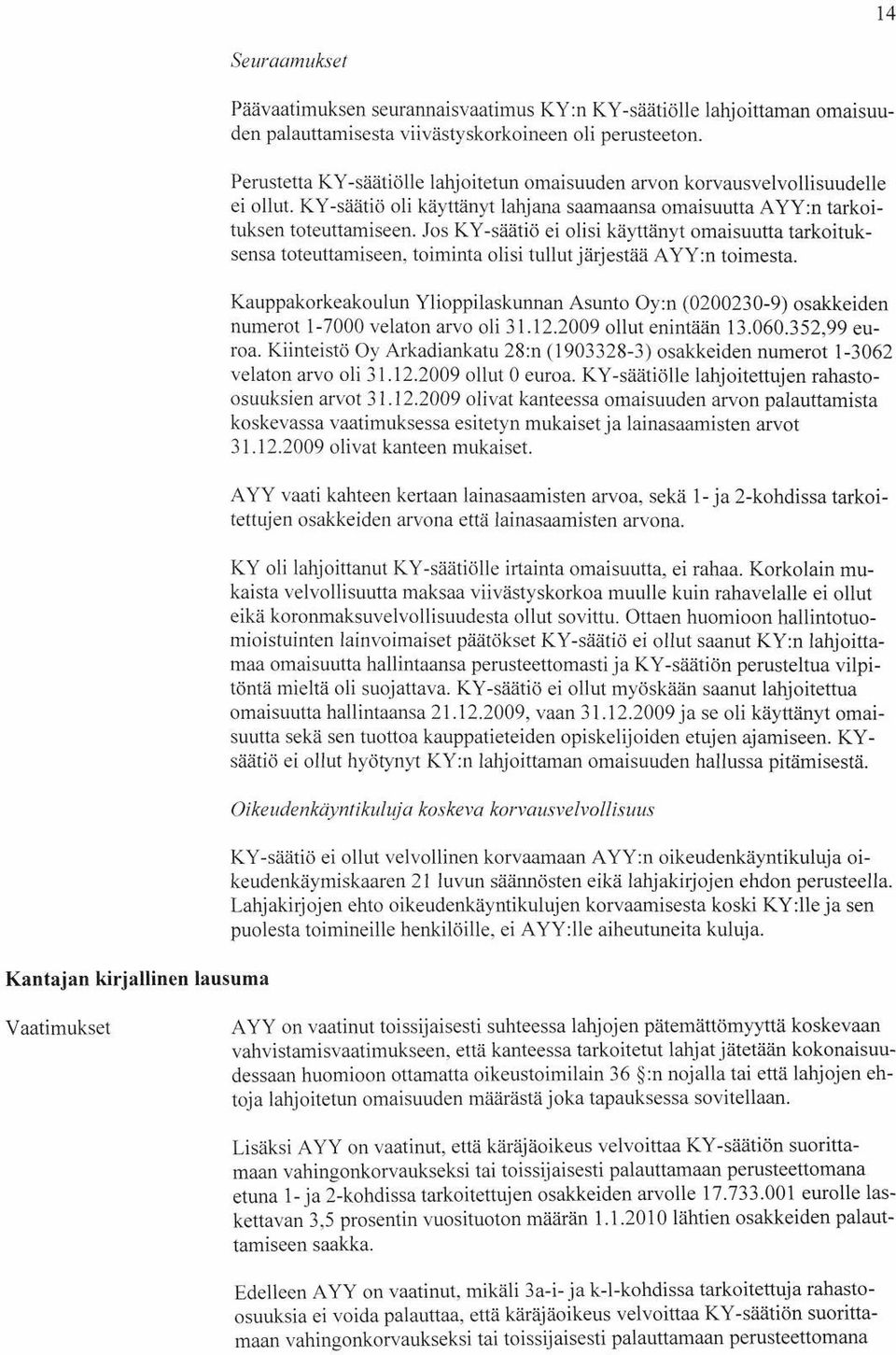 Jos KY-säätiö ei olisi käyttänyt omaisuutta tarkoituksensa toteuttamiseen, toiminta olisi tullut järjestää AYY:n toimesta.