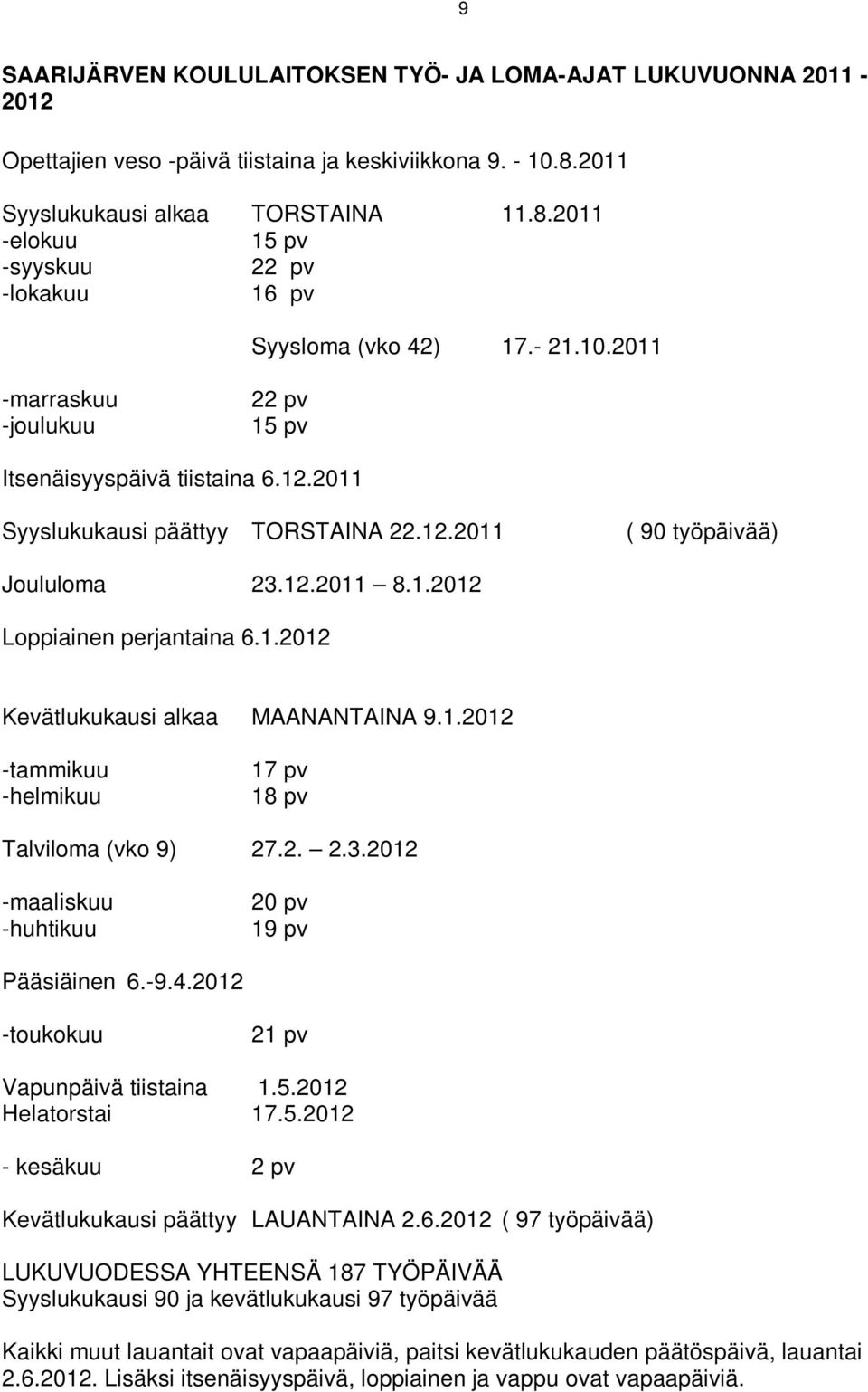 1.2012 -tammikuu -helmikuu 17 pv 18 pv Talviloma (vko 9) 27.2. 2.3.2012 -maaliskuu -huhtikuu 20 pv 19 pv Pääsiäinen 6.-9.4.2012 -toukokuu 21 pv Vapunpäivä tiistaina 1.5.