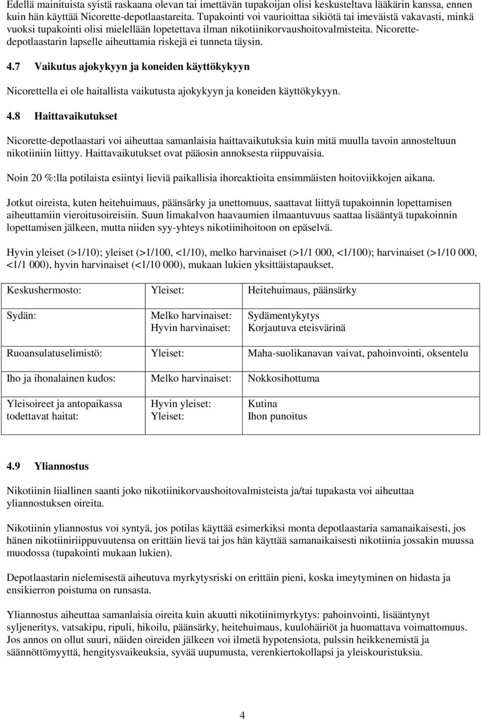 Nicorettedepotlaastarin lapselle aiheuttamia riskejä ei tunneta täysin. 4.7 Vaikutus ajokykyyn ja koneiden käyttökykyyn Nicorettella ei ole haitallista vaikutusta ajokykyyn ja koneiden käyttökykyyn.