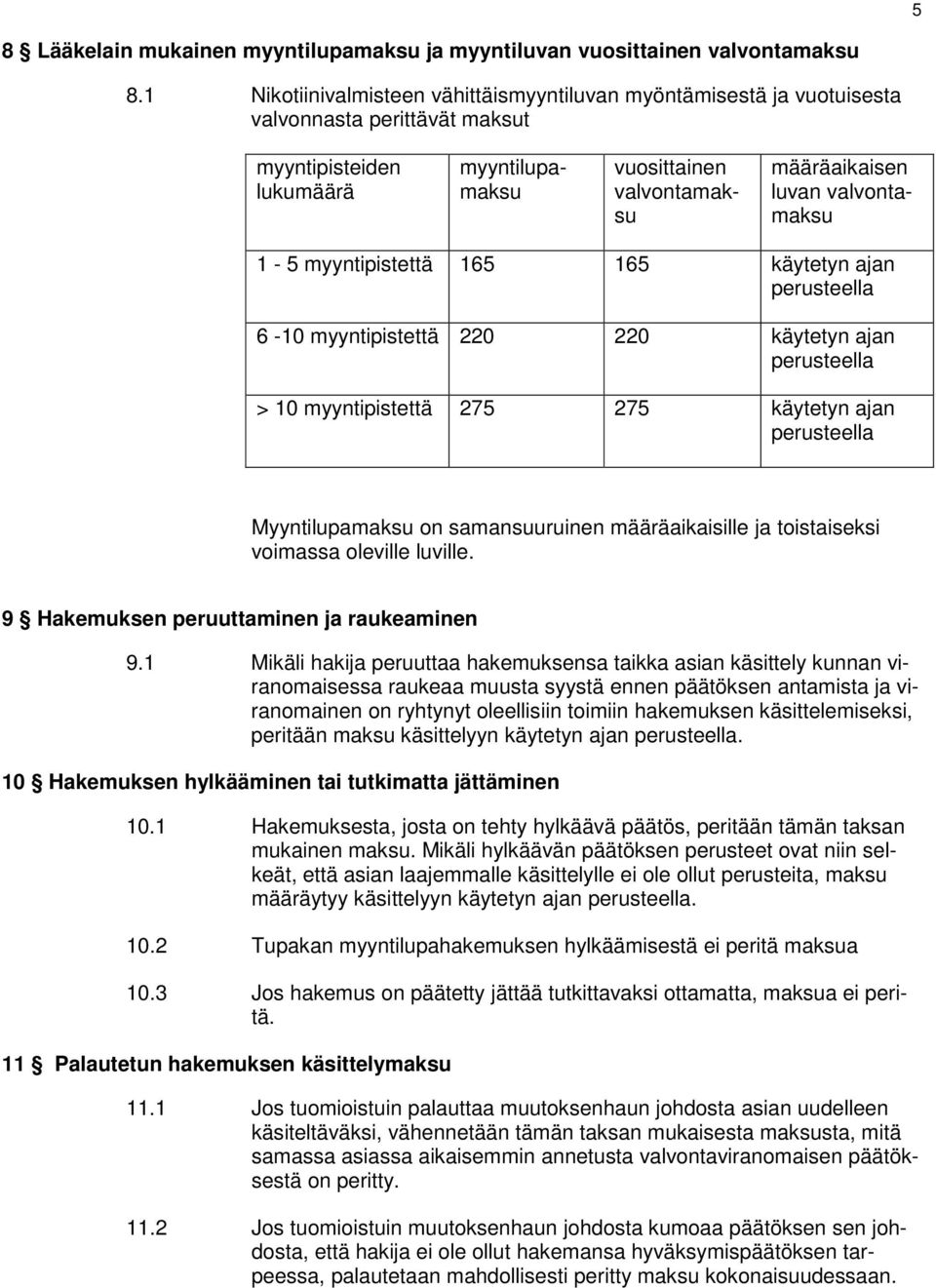 valvontamaksu 1-5 myyntipistettä 165 165 käytetyn ajan 6-10 myyntipistettä 220 220 käytetyn ajan > 10 myyntipistettä 275 275 käytetyn ajan Myyntilupamaksu on samansuuruinen määräaikaisille ja
