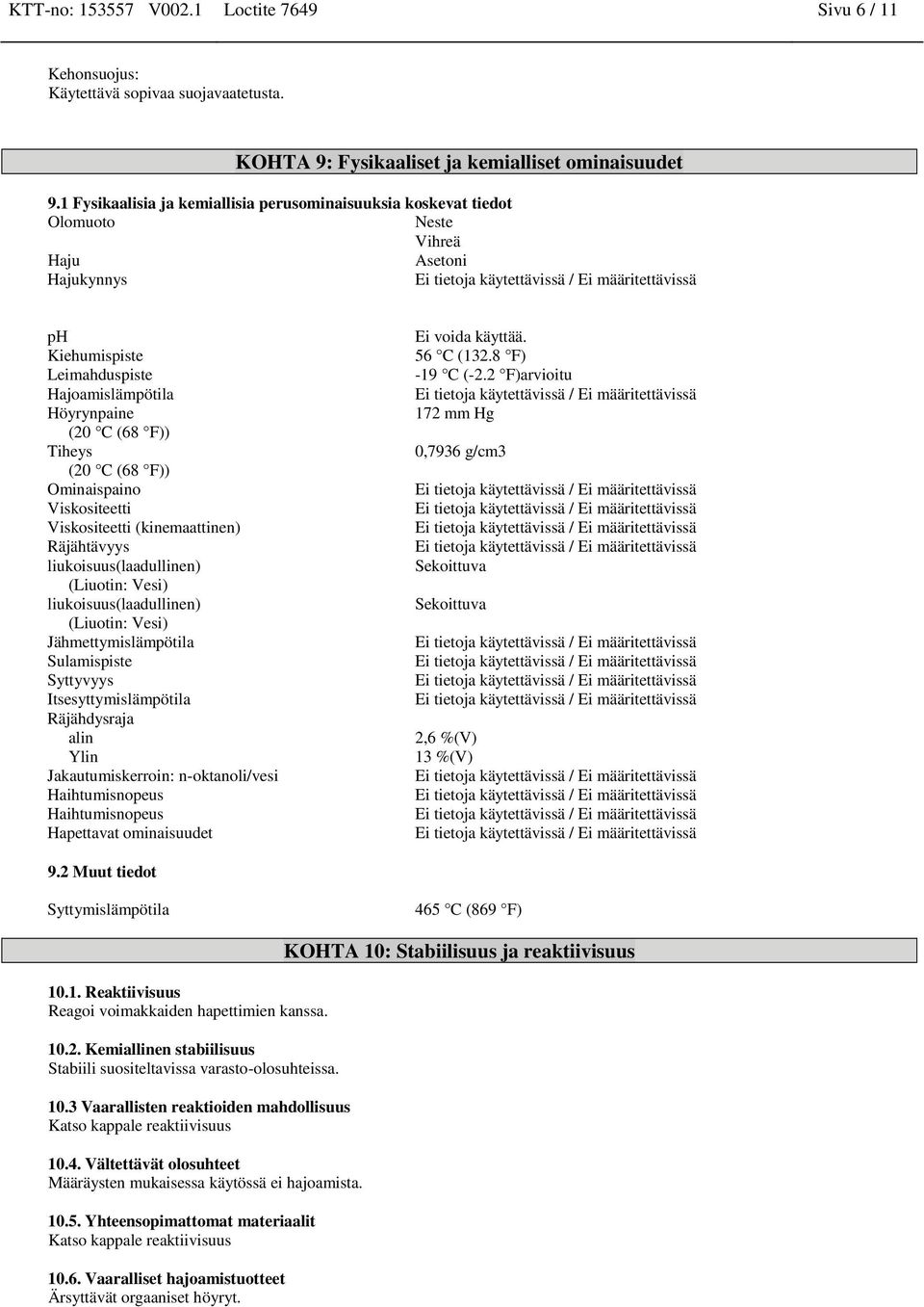 Ominaispaino Viskositeetti Viskositeetti (kinemaattinen) Räjähtävyys liukoisuus(laadullinen) (Liuotin: Vesi) liukoisuus(laadullinen) (Liuotin: Vesi) Jähmettymislämpötila Sulamispiste Syttyvyys