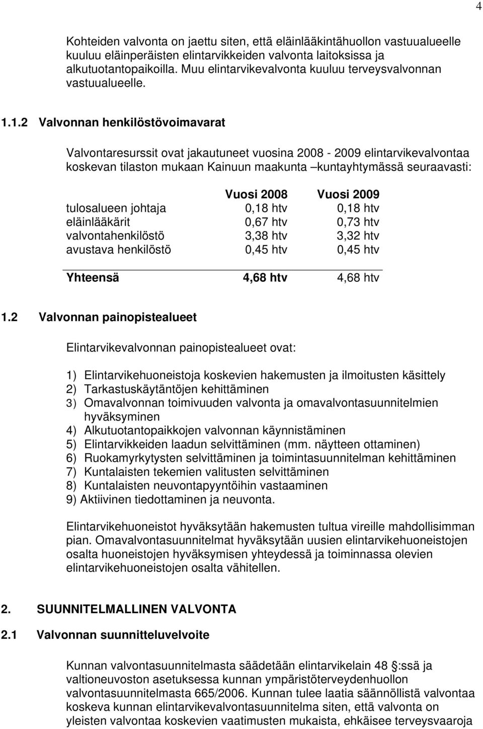 1.2 Valvonnan henkilöstövoimavarat Valvontaresurssit ovat jakautuneet vuosina 2008-2009 elintarvikevalvontaa koskevan tilaston mukaan Kainuun maakunta kuntayhtymässä seuraavasti: Vuosi 2008 Vuosi