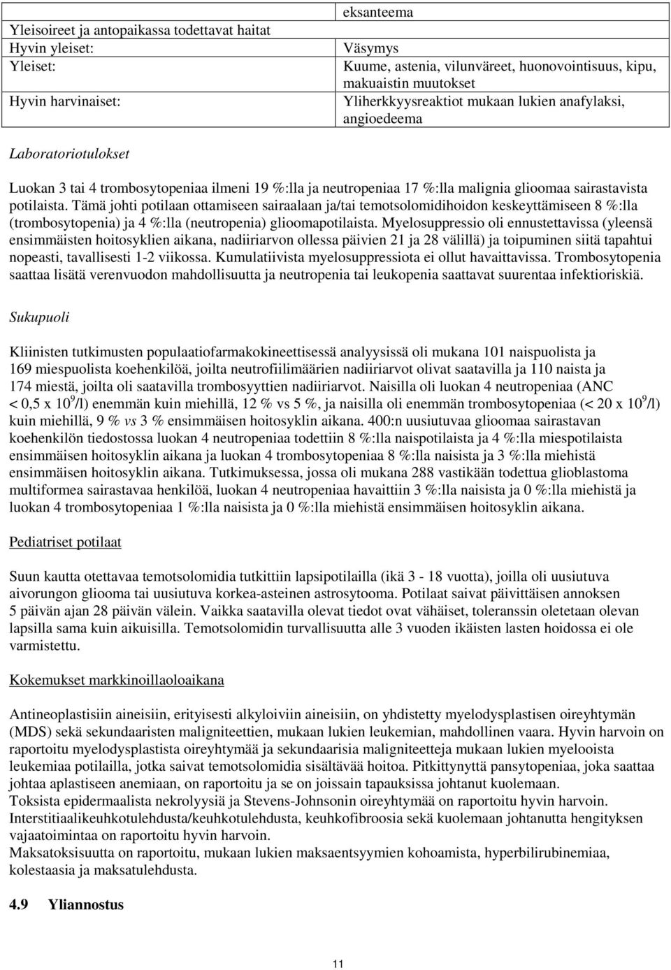 Tämä johti potilaan ottamiseen sairaalaan ja/tai temotsolomidihoidon keskeyttämiseen 8 %:lla (trombosytopenia) ja 4 %:lla (neutropenia) glioomapotilaista.