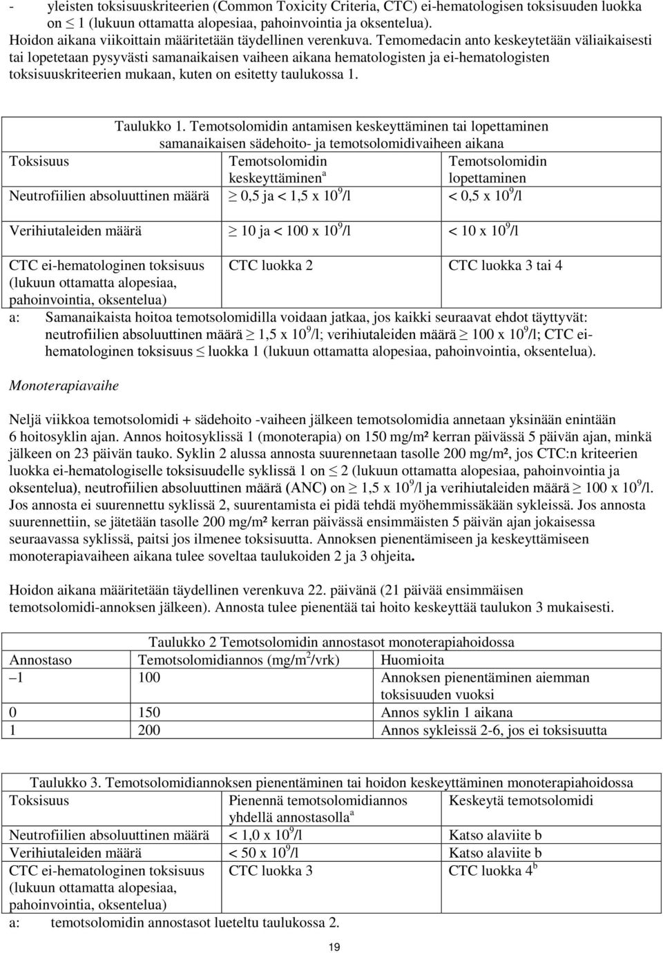 Temomedacin anto keskeytetään väliaikaisesti tai lopetetaan pysyvästi samanaikaisen vaiheen aikana hematologisten ja ei-hematologisten toksisuuskriteerien mukaan, kuten on esitetty taulukossa 1.