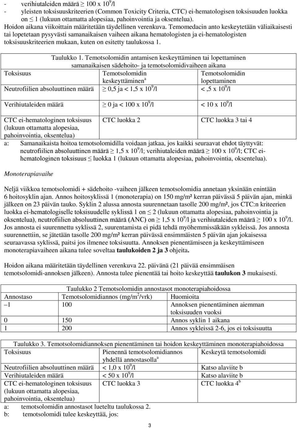 Temomedacin anto keskeytetään väliaikaisesti tai lopetetaan pysyvästi samanaikaisen vaiheen aikana hematologisten ja ei-hematologisten toksisuuskriteerien mukaan, kuten on esitetty taulukossa 1.