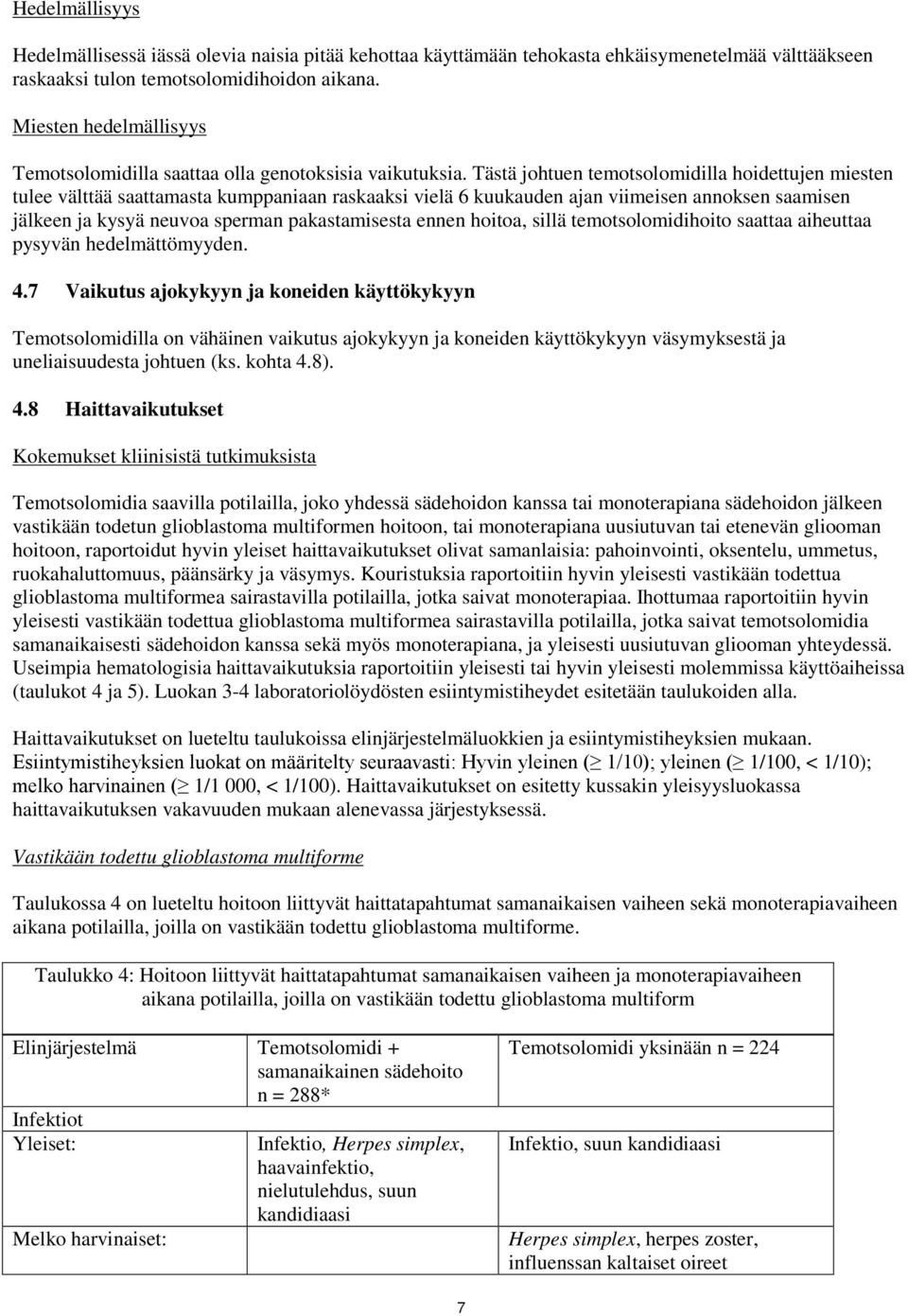 Tästä johtuen temotsolomidilla hoidettujen miesten tulee välttää saattamasta kumppaniaan raskaaksi vielä 6 kuukauden ajan viimeisen annoksen saamisen jälkeen ja kysyä neuvoa sperman pakastamisesta