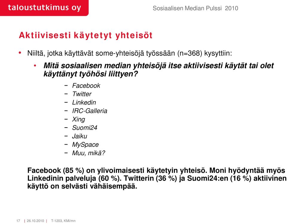 Facebook Twitter Linkedin IRC-Galleria Xing Suomi24 Jaiku MySpace Muu, mikä?