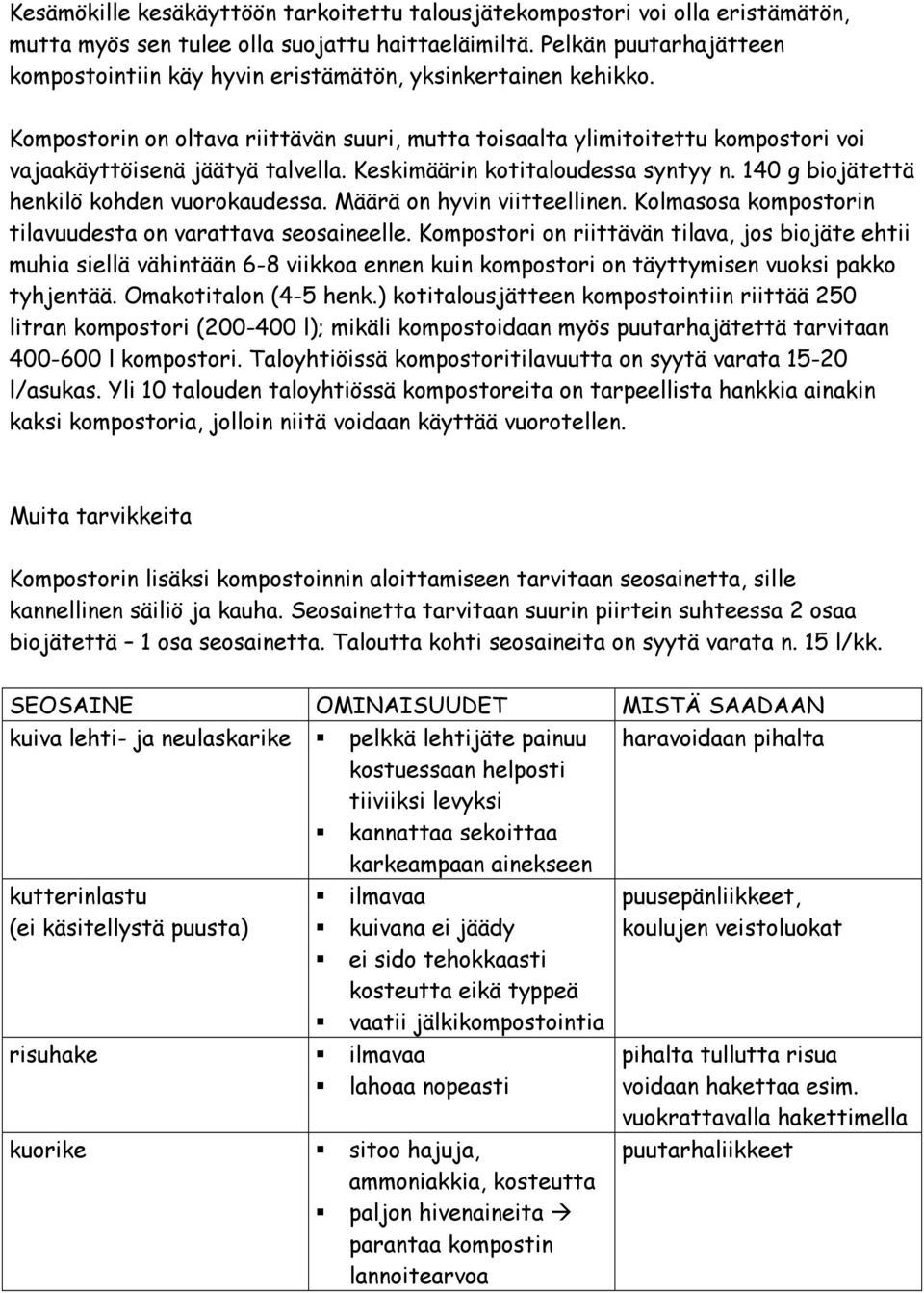 Kompostorin on oltava riittävän suuri, mutta toisaalta ylimitoitettu kompostori voi vajaakäyttöisenä jäätyä talvella. Keskimäärin kotitaloudessa syntyy n.