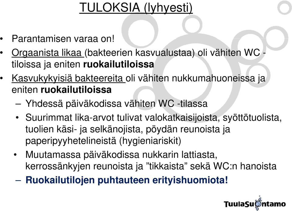 nukkumahuoneissa ja eniten ruokailutiloissa Yhdessä päiväkodissa vähiten WC -tilassa Suurimmat lika-arvot tulivat valokatkaisijoista,