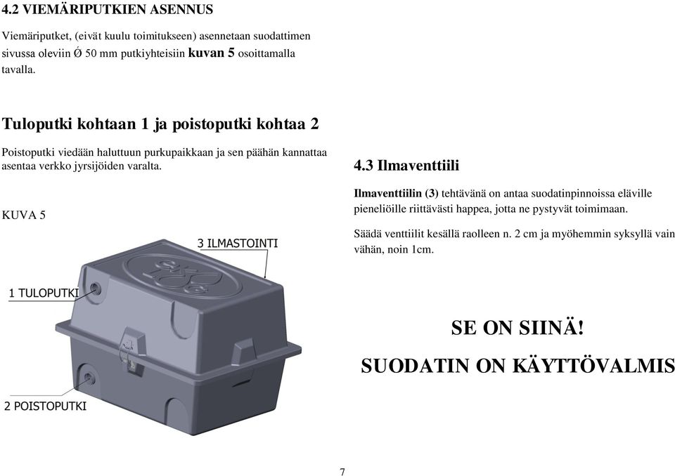 Tuloputki kohtaan 1 ja poistoputki kohtaa 2 Poistoputki viedään haluttuun purkupaikkaan ja sen päähän kannattaa asentaa verkko jyrsijöiden varalta.